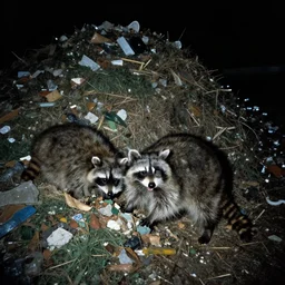 night vision picture of raccoons rummaging through a gigantic trash mound