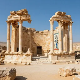 an ancient roman ruin was built in the desert., artwork by picasso.