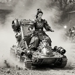 old vintage  photo of  full body Chinese ancient warrior female on the complex steam punk hooverboard with Jet engine,  extreme sports photography , dynamic photography,clean symmetrical face, high speed,dirt and grawel flying in the spot,  lens flares, dust in the air, dramatic lighting, intricate, highly detailed, centered, smooth, sharp focus,  sports photography, old photo, black and white, sepia, cinematic lighting, cinematic angle,  national geographic