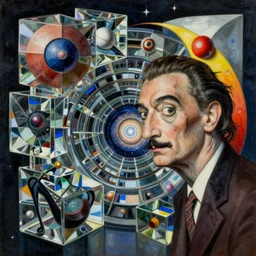 a hd surrealism painting of 3d cast glass galactic cubism tunnel sculptures by dali and kandinsky, ultra detailed, 8k