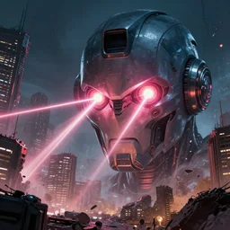 giant robot head shooting lasers from his eyes, destroyed city, futuristic, by beeple, digital art
