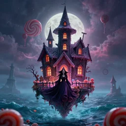 a scary witch in front of a witche house made out of candy, floating on the ocean, epic scene, fantasy, cinematic, redshift render, cgi, hyper - detailed, photo - bash, 8 k post - production, masterpiece