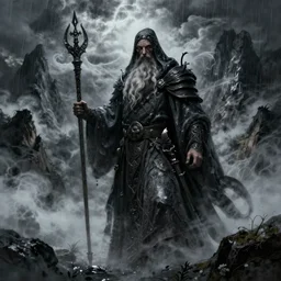 old male warlock, ghost, mountains, dark fantasy, fog, clouds, rain, wind, intricate, highly detailed, artstation, illustration, jurgens, rutkowski, bouguereau