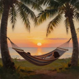 painting of a hammock at sunset with tropical palm trees, natural light, concept art, by greg rutkowski, cozy atmospheric and cinematic lighting