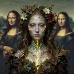 biblical daemonic beautiful woman made out of flora, glowing veins, flower sparkling skin, ooak doll, rule of thirds, close - up, portrait by greg hildebrandt, studio lighting, muted colors, by terry richardson, by leonardo davinci, by beeple, ultrarelistic, extreme detail, caustics, trending on artstation, 8 k, octane renderer, rtx on
