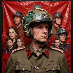 portrait of a third reich soldier in ornate motorcycle dirt helmet in a helmet background red plastic bag, circuitboard,, rich deep colors, ultra detail, by francis bacon, james ginn, petra courtright, jenny saville, gerhard richter, zdzisaw beksinsk, takato yamamoto. masterpiece, elegant fashion studio ighting 3 5 mm