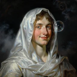 a baroque neoclassicist close - up portrait of a sci - fi figure smiling cloaked in silk with glowing bubbles. iridescent and reflective. foggy black background with dark puffy cosmic clouds. highly detailed science fiction painting by norman rockwell, frank frazetta, syd mead and moebius. rich colors, high contrast, gloomy atmosphere, dark background. trending on artstation.