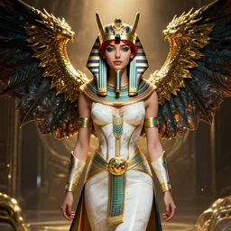 red - haired final fantasy white marble egyptian pharaoh with dragon wings, warframe armor, regal, symmetric, centered, attractive, ornate, sultry, sexy, beautiful, elize theron, pretty face, green eyes, scifi platform, 4 k, ultra realistic, epic lighting, illuminated, cinematic, black gold, art by alexandra petruk, voidstar