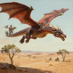 a dragon in flight by plutus su and chris scalf and lucas graciano and billy christian and alex konstad, desert with small trees and shrubs, painting, d & d, fantasy, detailed, realistic, complimentary colors, light, artstation, cinematic, dramatic lighting, close up
