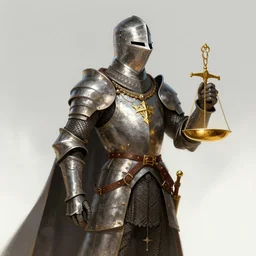 a knight in fantasy platemail holds up an intricate gold scale, trending on artstation, digital art ( by joseph meehan ) ( by victor adame ) ( by anna steinbauer )
