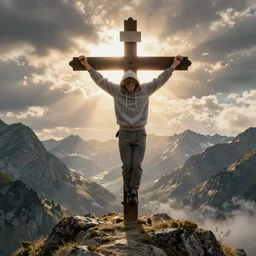 white man with grey hoodie crucified on mountainside