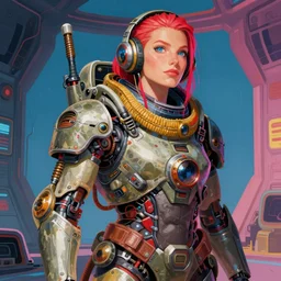detailed and vibrant color character concept art portrait of a detailed and hi - tech diesel punk in an empty chamber, artstation, award - winning realistic sci - fi concept art by greg rutkowski and yoshitaka amano, in the style of james gurney, flat pop color surrealist illustration.