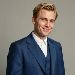 portrait painting of a man of about 2 8, wearing a blue suit, short blond hair, smiling, tired, confident unreal render cinematic lighting art 1 9 2 0 period drama by bussiere rutkowski andreas rocha