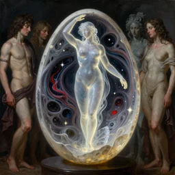 Beautiful full-body wax sculpture of a glowing transparent woman inside egg in the singularity where stars becoming baroque folds of dark matter by Michelangelo da Caravaggio, Nicola Samori, William Blake, Alex Grey and Beksinski, dramatic volumetric lighting, highly detailed oil painting, 8k, masterpiece
