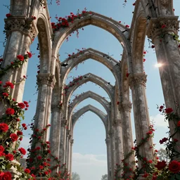 movie poster artwork by Tomer Hanuka of broken arches leading to the pillars of eternity draped with red flowers and vines, blue sky, lens flare, a sense of mystery, cinematic, ultra detailed, intricate, sharp focus, trending on artstation and unreal engine