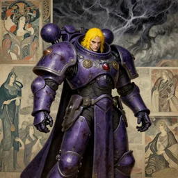 composition of gothic and futuristic, warhammer, cyber armor, more and more scars, storm, yellow hair, purple, the middle ages, highly detailed, artstation, in the style of moebius, jugendstil and classic japanese print, art by jean delville and rene magritte