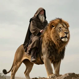 the lion rider : : a hooded wise old man ( long white beard wearing a brown hooded tunic ) riding a lion, majestic, epic digital art, cinematic, trending on artstation, superb detail 8 k, wide - angle, masterpiece