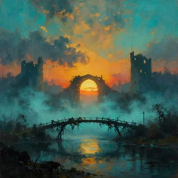 very textured post apocalyptic moody panoramic cinemascope background , sunset, cyan fog ,  portal to hell in the middle of painting, vine bridge silhouette over lake  with backlight, castle ruins with backlight , dramatic sky ,  oil painting art with strong backlight by frazetta