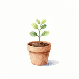 watercolor minimalist art tiny plant growing in pot on white background