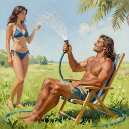 a painting of a shirtless man with long hair sitting in lawn chair, holding a water hose and spraying water on a woman in a bikini high details