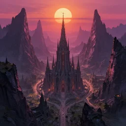 eerie but beautiful lovecraftian eldritch ancient dream city unknown Kadath lay between tall obsidian dark mountains, basked in the magenta-orange light of the sun, bird's eye view, fantasy art, main cathedral to forgotten gods towering over lazy streets, by Tim White, by Wayne Barlowe, by John Harris, by Alan Lee
