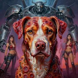 A mixed media portrait painting of a dogs made of blood cells, sweat, aesthetic symmetrical face and eyes, photorrealistic, model, wet, starship-troopers, pacific-rim-mech in background, eighties pinup style, by Frank Frazetta, Boris Vallejo, Beeple, Greg Rutkowski, Christian MacNevin, epic fantasy character art, high fantasy, CGsociety, exquisite detail, post-processing, masterpiece, cinematic