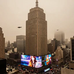 large cityscape, brutalist architecture, flying vehicles, flashy holographic billboards with warm tones, foggy, photorealistic, 4k