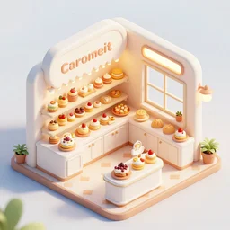 cute bakery shop, isometric game art, white furniture, bright, artstation, highly detailed, cinematic lighting + masterpiece