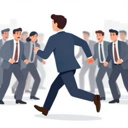 a banker running away from an angry crowd
