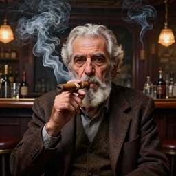 a intricately detailed portrait of an old man, smoking a lit symmetrical hyper real cigar in an pub, a stocked bar, smoke rising like clouds, cantered and balanced, beautifully symmetrical, super resolution, trending on art station, volumetric lighting & shadows, hyper detailed, 8 k, digital art, unreal engine, in the style of a escher, canon 2 0 0 mm,
