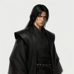 portrait of a man by greg rutkowski, dark jedi knight, mixture between japanese and russian features, black hair with bangs, very tall and slender, star wars expanded universe, resentful, he is about 2 0 years old, wearing black robes, digital painting, artstation, concept art, smooth, sharp foccus ilustration, artstation hq