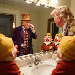 ultra wide angle photo of donald trump looking at himself in a bathroom mirror and seeing his reflection dressed as willy wonka and is surrounded by dwarf donald trump like oompa loompas