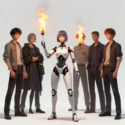 fire juggling cyborg girl by wagner kuroiwa tristan eaton, stanley artgermm, tom bagshaw, greg rutkowski, carne griffiths, ayami kojima, beksinski, unreal engine, trending on deviantart, photorealistic, vray, hdr, hyper detailed, dramatic lighting, octane render, weta digital, 3 d sculpture