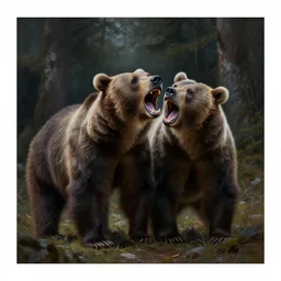 fantasy painting of close charging bear, roaring, open mouth, teeth, dark forest in background, painted by greg rutkowski and andreas rocha