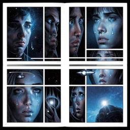 the cryogenic tears of hyperspace loneliness photorealistic graphic novel layout by syd mead michael komarck, greg rutkowski, victo ngai, artgerm, willem claesz heda and j. dickenson roger deakins