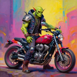 a scifi post apocalyptic orc biker posing next to a motorcycle, psychedelic vibrant colors, futuristic punk rock fashion, oil painting by michael whelan art, sharp focus, realistic, highly detailed, 8 k