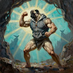 muscular pug barbarian hunter  full body fighting pose wearing sport hoodie , sun rays , big shadows, small bird sihouettes  in cyan background , very textured detailed  oil painting by rembrandt , hard backlight , in dark cave