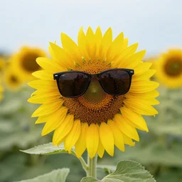 a photograph of a sunflower with sunglasses on in the middle of the flower in a field