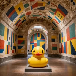 wide shot, one! photorealistic rubber duck in foreground on a pedestal in an cavernous museum, the walls are covered floor to ceiling with colorful geometric wall paintings in the style of sol lewitt, tall arched stone doorways, through the doorways are more mural paintings in the style of sol lewitt.