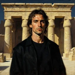 a closer personal portrait of the zodiac killer, very charismatic. in the old ancient temple of luxor. masterpiece, dark. painted by norman rockwell and james gurney