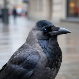 crow, more black then gray, close up only head and shoulders, looking over the shoulder, sparkle in the eye!, in the style of hyronimous bosch, in the city ( wet pavement maybe ), bit distressed feathers, high detail, every hair on the feathers visible, one feather on the neck is standing out, highlighted by street lights, schnabel oder auge