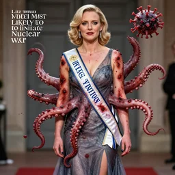 a yearbook photograph of a prom queen infected with a deadly squid virus, she has broken out in tentacles and weeping sores. she is voted most likely to initiate nuclear war. her name is liz truss