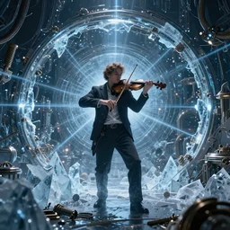 a extremely detailed masterpiece of a violin singer in a steampunk, laser symmetric lights and ice, opening a portal into another dimension, in the style of aleksi briclot, glowing light and shadow, hyperrealist, 8 k