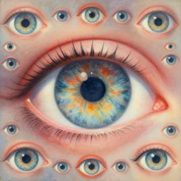 A beautiful illustration a large eye that is looking directly at the viewer. The eye is composed of a myriad of colors and patterns, and it is surrounded by smaller eyes. The smaller eyes appear to be in a state of hypnosis, and they are looking in different directions. crimson by Paul Laffoley, by Brad Kunkle soothing