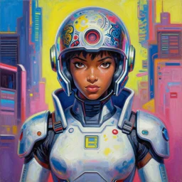 anime manga cyberpunk handsome brave ghanaian female athletic gundam pilot portrait with an intricate futuristic urban inspired helmet, hyperrealistic oil painting, by makoto shinkai and ilya kuvshinov and lois van baarle and rossdraws and basquiat, trending on artstation, cmyk, chromatic aberration, bright neon color palette, symmetrical features