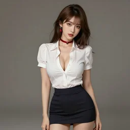 sexy girl in a low cut blouse and short skirt, seductive pose, shoulder-length brown hair, red ribbon, cute earrings. highly detailed, digital painting, in the style of ross tran, high definition digital art