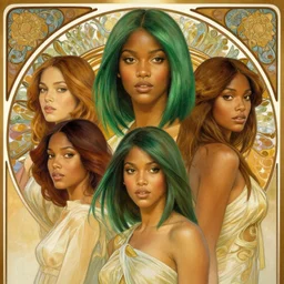 handsome and beautiful black women with shoulder length green hair, half body shot, path traced, highly detailed, high quality, digital painting, alena aenami, lilia alvarado, shinji aramaki, karol bak, alphonse mucha, tom bagshaw