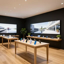A flagship Samsung store. black  walls. timber floor. high ceilings with spots. wood  furniture with large digital screen. display tables with phones and tablets, pots with plants, digital screens on the walls, Architectural photography. 14mm. High Res 8K. award winning architectural design, inspired by Arne Jacobsen, Niels Otto Møller, Verner Panton, Scandinavian Design, warm and happy, inviting