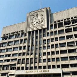 a huge brutalist building with roman empire insignia hanging from the top of it