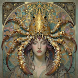 hyperrealistic detailed face portrait of the beautiful goddess of the giant isopods with an intricate golden ornamental geometrical fractal giant isopod headdress, art by ernst haeckel, john william godward, android jones, alphonso mucha, h. r. giger, gothic - cyberpunk, ornamental, dimmed pastel colours,